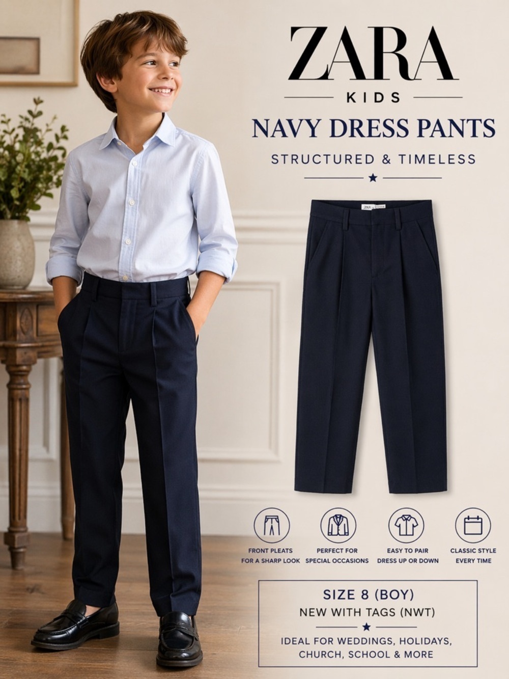 ZARA Boys Navy Pleated Dress Pants Size 8 NWT Formal Trousers